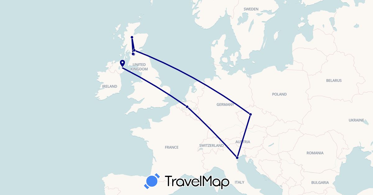 TravelMap itinerary: driving in Belgium, Czech Republic, United Kingdom, Italy (Europe)